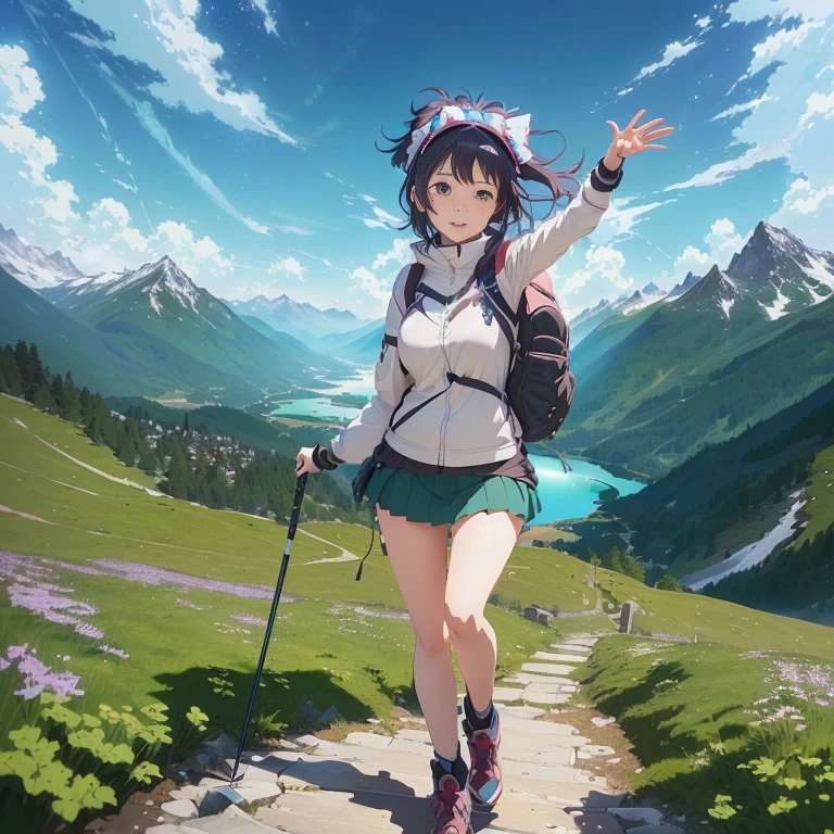 anime girl with backpack and walking poles on a path in the mountains, visual novel key visual, official artwork, rin, 4k anime wallpaper, girl of the alps, guweiz, anime nature, official anime artwork, 4 k manga wallpaper, anime style 4 k, hq artwork, anime key visual concept art of, anime background key visual, smooth anime cg art