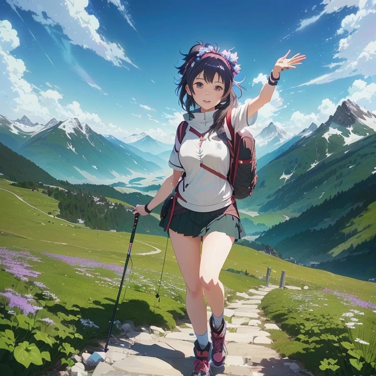 anime girl with backpack and walking poles on a path in the mountains, visual novel key visual, official artwork, rin, 4k anime wallpaper, girl of the alps, guweiz, anime nature, official anime artwork, 4 k manga wallpaper, anime style 4 k, hq artwork, anime key visual concept art of, anime background key visual, smooth anime cg art