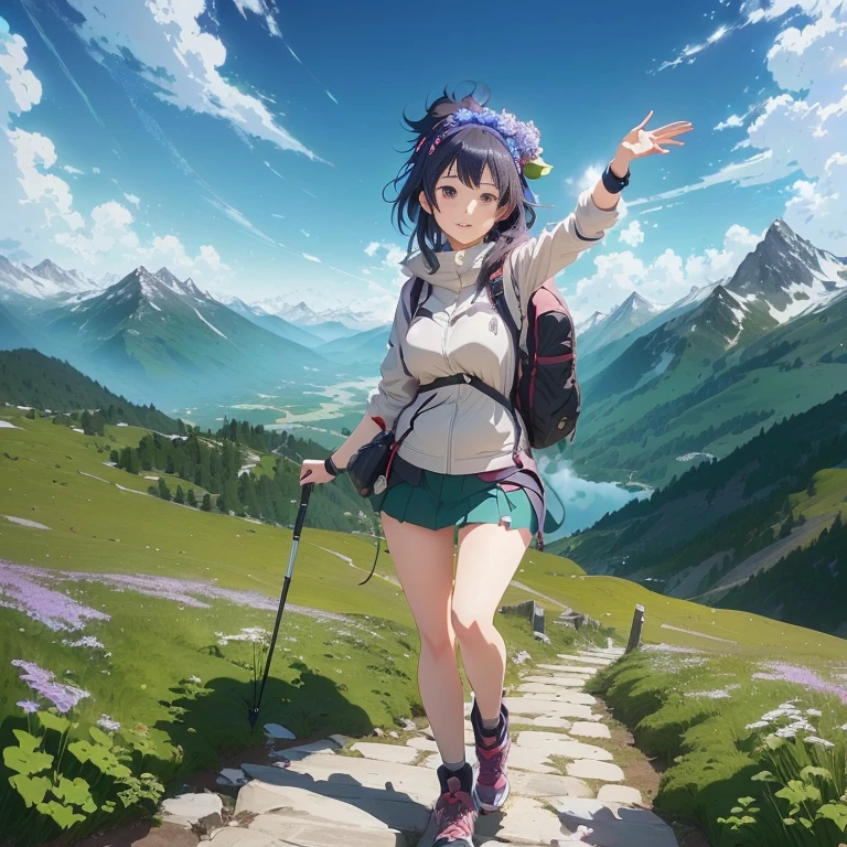 anime girl with backpack and walking poles on a path in the mountains, visual novel key visual, official artwork, rin, 4k anime wallpaper, girl of the alps, guweiz, anime nature, official anime artwork, 4 k manga wallpaper, anime style 4 k, hq artwork, anime key visual concept art of, anime background key visual, smooth anime cg art