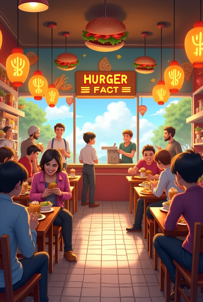 Inside the burger shop with a colorful and welcoming interior, filled with burger-themed decorations.