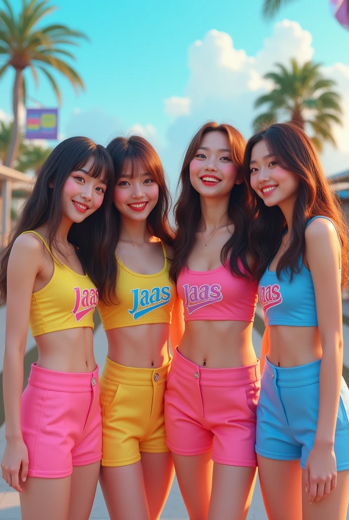 Four girl friends fair skin straight hair kpop clothes with jaas writteen on top aesthetically and visibly