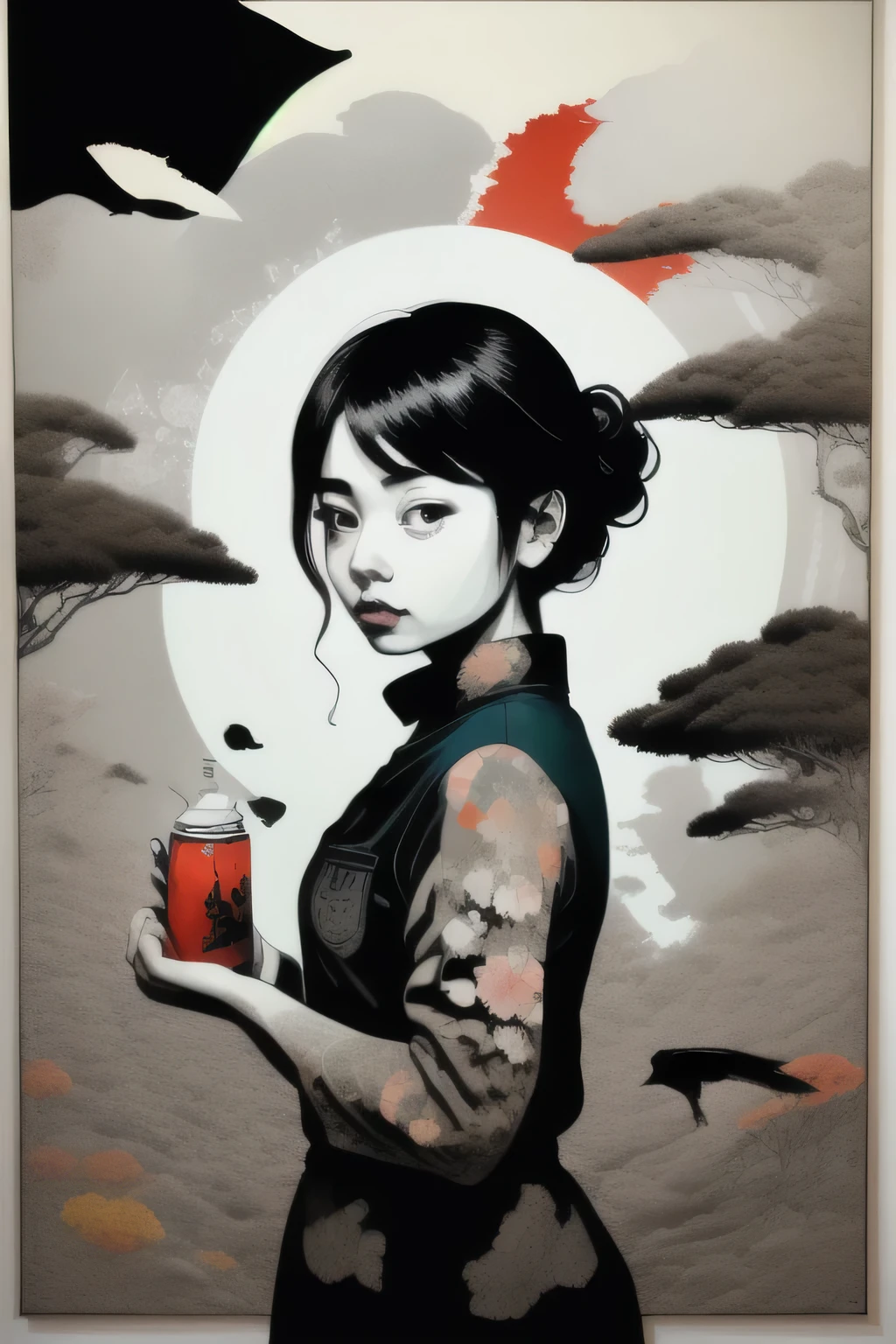 Painting of a girl holding a cat under her arm、Filled with love、love deep(Ink drawing on Japanese paper, Landscape painting that bleeds easily)、(Picture book-like contemporary art) ,Dark Side Artistic、Contemporary Art、(Transparent watercolor) (Light itself is reality) (Soft layer,blue hue) (shades of paint dissolved thinly with water) (deep, Delicate colors) paint (draw) In black and white:1.4