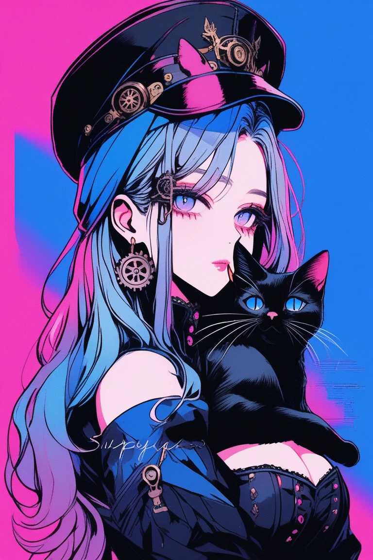 Illustrator, anime , Realistic ,sketch , 1 person, model, Portraiture, lip, Gothic steampunk hat, Black bustier jumper skirt, Exposing shoulders, order, Blue and pink gradient background, Long hair in neon colors, Big Breasts, (((Upper Body))), (((look back))), Holding a black kitten, Sexy look, Sexy pose, Texture Trim, Russia, (masterpiece,Highest quality)