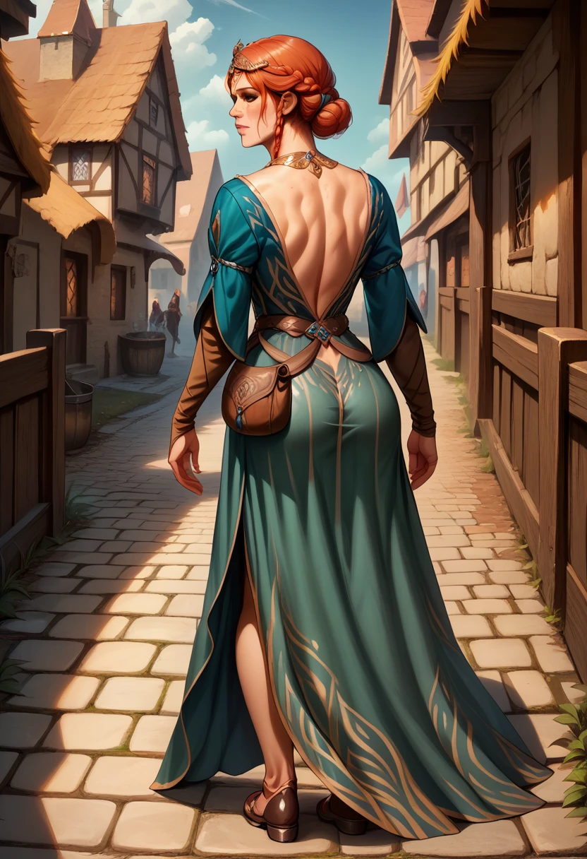 score_9, score_8_up, score_7_up, BREAK, score_9, TrssMeri, short hair, hair bun, elbow gloves, braid, dress, tiara, jewelry, freckles, pouch, shoes, looking at viewer, cowboy shot, ass, from behind, medieval, village