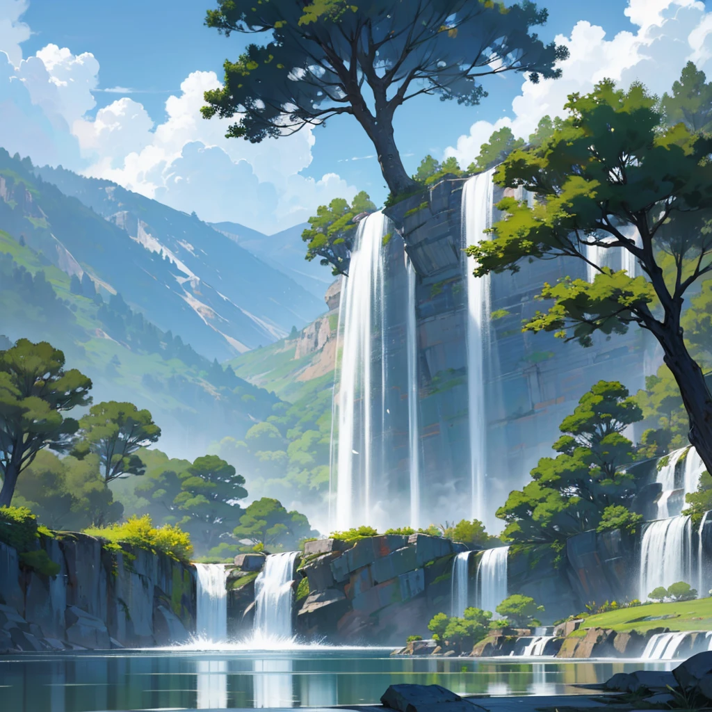 White background, landscape, waterfall, Monte, Water, tree,by the lake