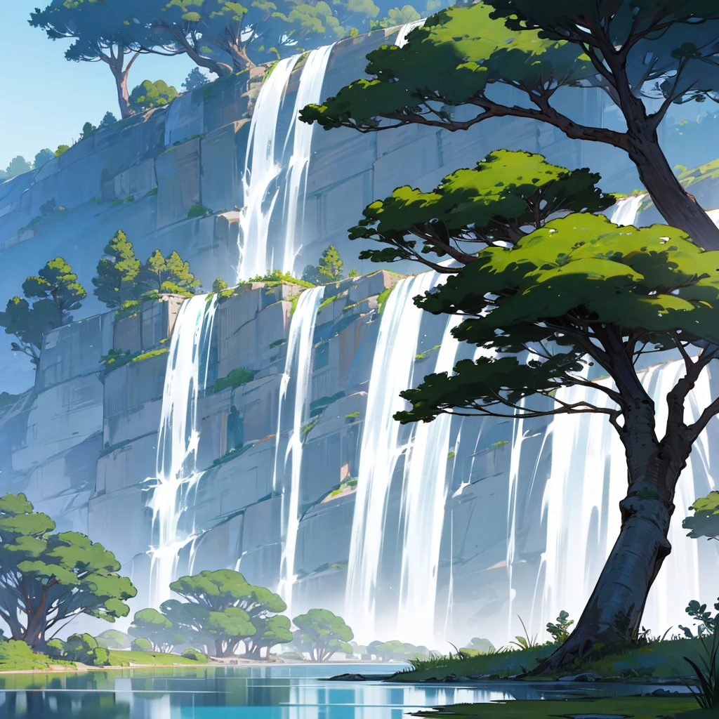 White background, landscape, waterfall, Monte, Water, tree,by the lake