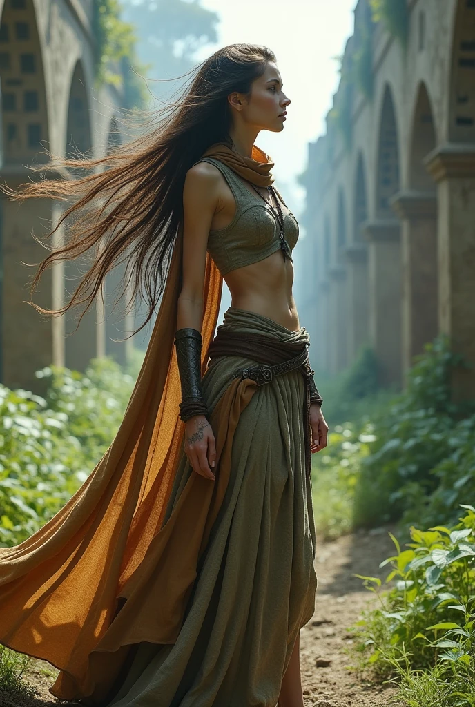 highly detailed, intricate, masterwork, random view angle, skinny female warrior, confidence, lost in thoughts, medieval fantasy futuristic mixed setting, extremely long voluminous hair, long scarf, crop tank, low-rise maxi skirts, very strong directional wind, old abandoned overgrown ruins