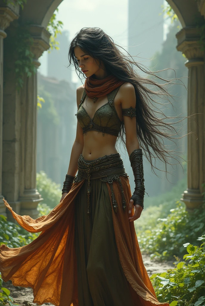 highly detailed, intricate, masterwork, random view angle, skinny female warrior, confidence, lost in thoughts, medieval fantasy futuristic mixed setting, extremely long voluminous hair, long scarf, crop tank, low-rise maxi skirts, very strong directional wind, old abandoned overgrown ruins