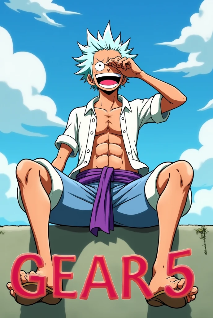 Create an anime-style scene featuring luffy gear 5 in a dynamic pose with white, wild hair, wearing a white outfit with a purple sash. The character should have a joyful and exaggerated expression, with their mouth wide open in laughter, while sitting in a laid-back position with their legs spread out. The character's right hand should be shielding their eyes as if looking into the distance. Include a bright sky with some clouds in the background and large text at the bottom reading "GEAR 5."