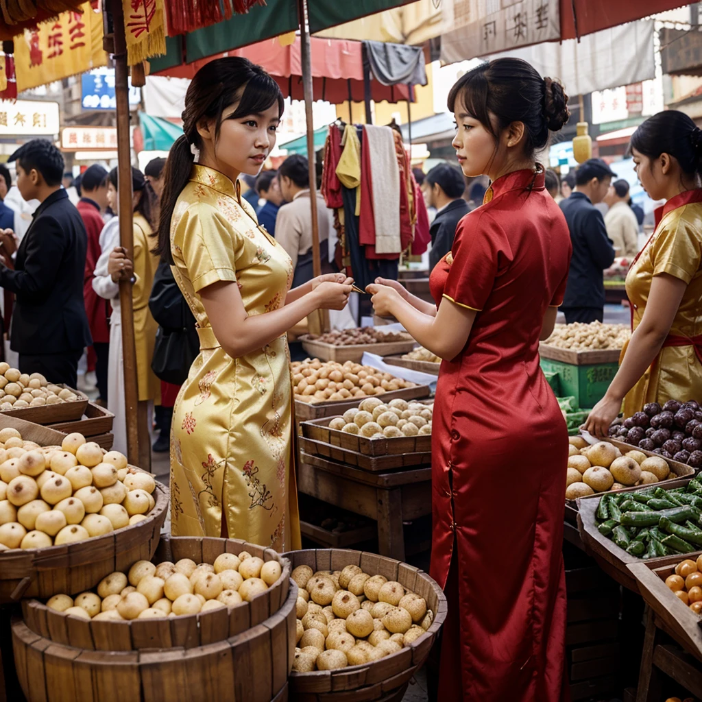 A black Chinese dress for sale in a market.