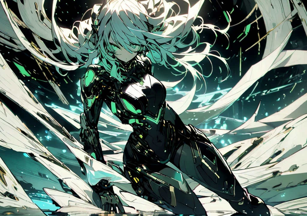 (masterpiece, top quality, best quality, official art, beautiful and aesthetic:1.2), full body view, looking at viewer, helping viewer, ((fisheye photo)), detailed background, vibrant background, cyberpunk blurry background, depth of field, chaotic, wide angle view, 

Beautiful young girl, pretty, pale, white hair, seaweed green inner, two long ponytails, flowing hair, dense hair, bangs, detailed hair, detailed eyes, perfect eyes, sea green eyes, glow, sweaty, shiny skin, detailed skin, slightly flushed cheeks, full lips, slightly parted lips, sexy lips, kind face, 

Tall, lean, fit, curvy, athletic, cyborg, mechanical parts, thick thighs, big breasts, hardnipples outline, Ecchi, young sexy cyborg ****ta girl, detailed legs, perfect legs, detailed arms, perfect arms, detailed hands, 

Cyberpunk outfit, (color:(white, black, blue, green, bronze)), tight fitting outfit, light armour, skin indentation, bare midriff, tiny healed scars, toned, transparent, translucent, high heels, boots, 