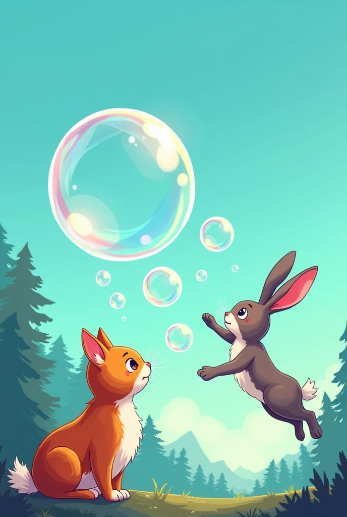 2d comic style,Draw a cat on the left blowing a super big soap bubble.,Soap bubbles on top of cat,There is a rabbit on the right jumping up happily trying to catch the bubbles,The background is the sky and the forest
