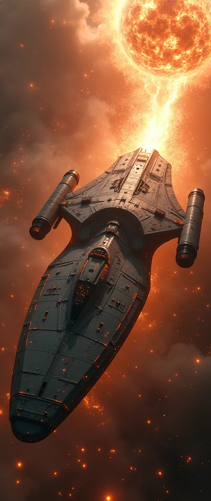 a massive star trek caught in a gravitino pull, rusted debris, massive explosion, cinematic dramatic lighting, hyperrealistic, 8k, photorealistic, highly detailed, volumetric lighting, cinematic camera angle, glowing plasma, sparks, shattered metal, ultra detailed hull textures, realistic physics simulation, stunning visual effects, dramatic sci-fi atmosphere