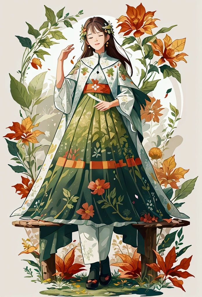 A nature scene, solorful petals and leaves all over the place, cross-stitch pattern, flat sticker design
