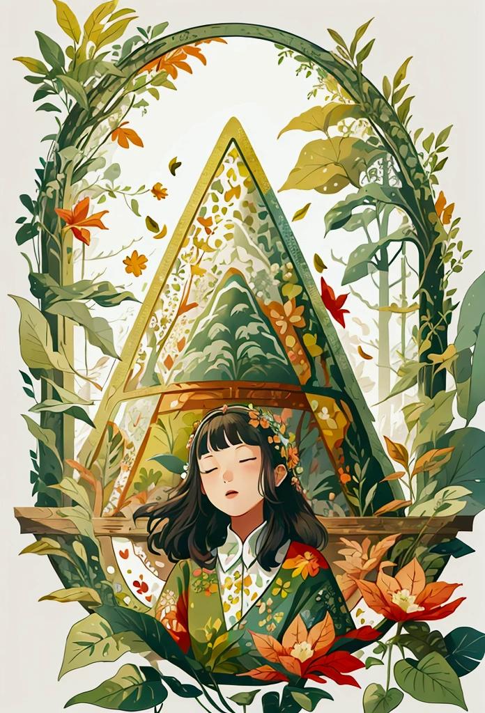 A nature scene, solorful petals and leaves all over the place, cross-stitch pattern, flat sticker design