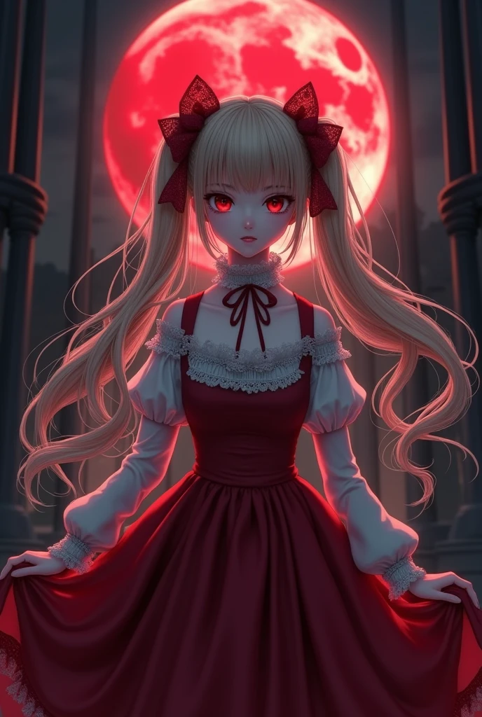 Blonde。Long twin tails。Red lace ribbon。Crimson Eyes。Cold Stare。Expressionless。Classical router。Red jumper skirt。A beautiful vampire girl lurking in the darkness of the night。Red full moon。Villainess。Daughter of the Night King。Princess of Darkness。