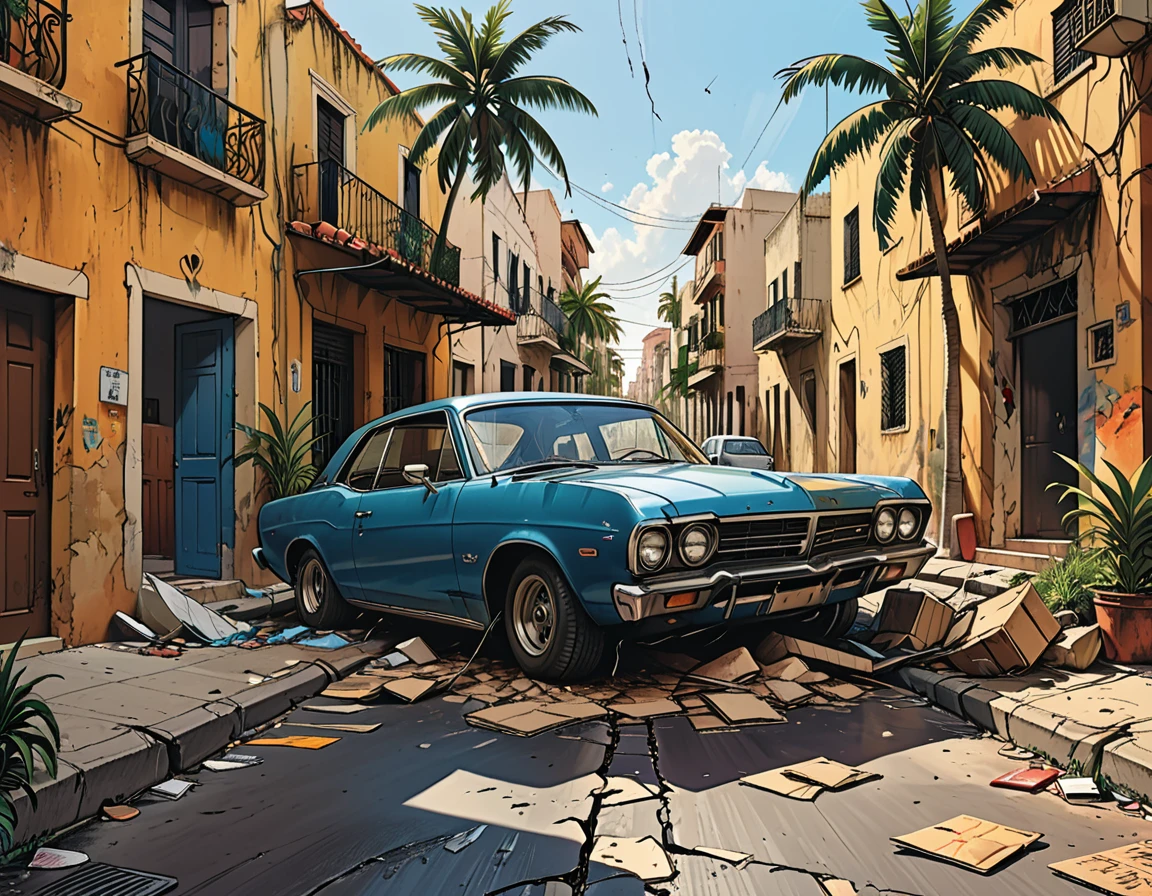 (((big cracks on the pot,big cracks on the ground,big cracks on the walls of the street,)))
tropical street, cracks in the street, people falling on the street, earth shaking, earthquake, people falling in the air, people lying on the street, palm trees, fallen trees on the street graphic style of novel comics, 2d, 8k, hyperrealism, masterpiece, high resolution, best quality, ultra-detailed, super realistic, Hyperrealistic art, high-quality, ultra high res, highest detailed, lot of details, Extremely high-resolution details, incredibly lifelike, colourful, soft cinematic light,