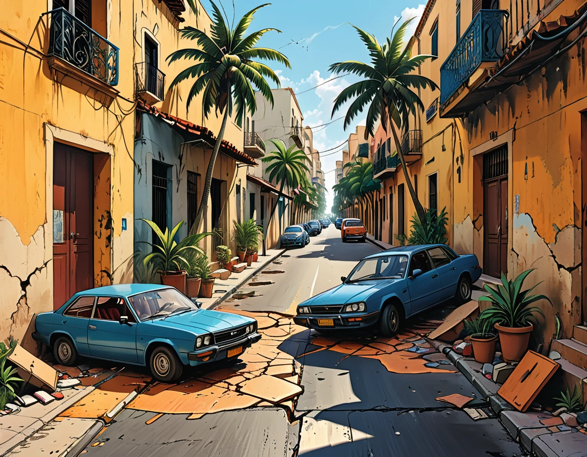 (((big cracks on the pot,big cracks on the ground,big cracks on the walls of the street,)))
tropical street, cracks in the street, people falling on the street, earth shaking, earthquake, people falling in the air, people lying on the street, palm trees, fallen trees on the street graphic style of novel comics, 2d, 8k, hyperrealism, masterpiece, high resolution, best quality, ultra-detailed, super realistic, Hyperrealistic art, high-quality, ultra high res, highest detailed, lot of details, Extremely high-resolution details, incredibly lifelike, colourful, soft cinematic light,