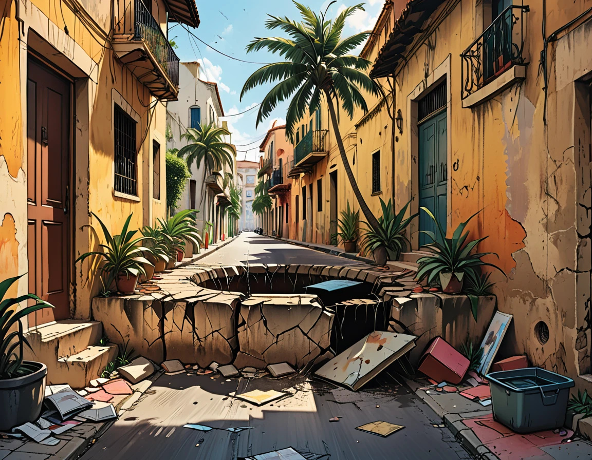 (((big cracks on the pot,big cracks on the ground,big cracks on the walls of the street,))) 

tropical street, cracks in the street, people falling on the street, earth shaking, earthquake, people falling in the air, people lying on the street, palm trees, fallen trees on the street graphic style of novel comics, 2d, 8k, hyperrealism, masterpiece, high resolution, best quality, ultra-detailed, super realistic, Hyperrealistic art, high-quality, ultra high res, highest detailed, lot of details, Extremely high-resolution details, incredibly lifelike, colourful, soft cinematic light,