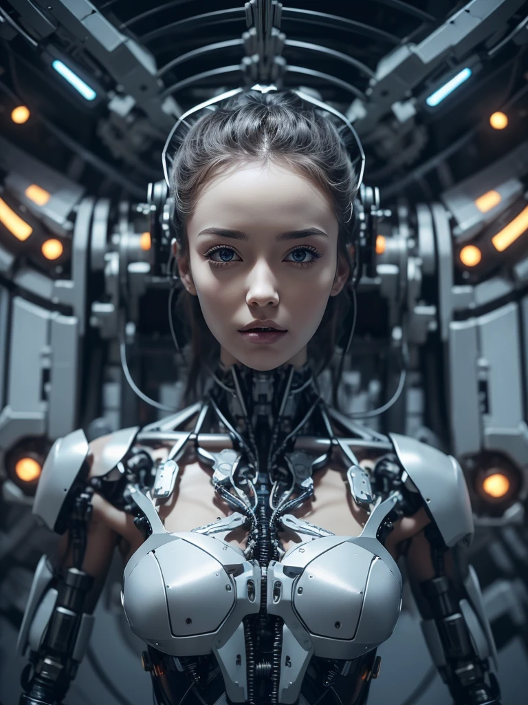 Beauty、White of the eyes、View from above、whole body、Looking this way、front、配線配管arms背景、Cyborg Robot、Wear、mechanical background、Wire masterpiece mechanical limbs from the cockpit, Tubes connected to machine parts, Mechanical vertebrae attached to the spine, Mechanical cervical attachment to the neck, Wires and cables connected to the head, Large amount of cables、Hair is wired、Your hair is connected to the machine、Global Illumination, Deep Shadow, 8k, Ultra Sharp, Metal, Intricate decorative details,, Very intricate details, Ultimate Weapon、Shoumai Machinery、Arm Machine、Half Face Robot、顔半分Metalパーツ、Half cyborg、Cable from head、Cable from the foot、Cable from headが接続、Cable on the ceiling、肩にarms、手がarms、arms、The cockpit is connected to the wiring in the body.、Wires from face to back