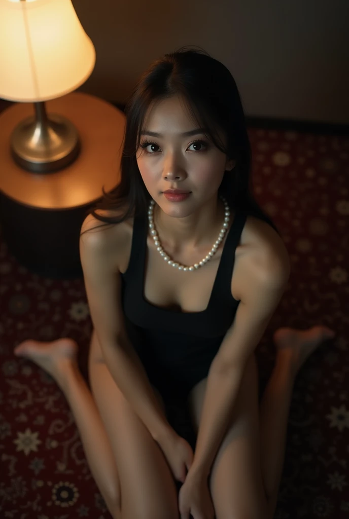 Shoot from top to bottom，Photography，HD，Real People，1 Asian girl，Kneeling，Slightly fat，1，White skin，Beautiful facial features，Exquisite makeup，Exquisite eyes，Eye details，Dark eyeshadow，Pearl Necklace，Black high collar sleeveless，Shoulder，arm，Soft light and shadows indoors，Rich details，a lamp，Kneeling