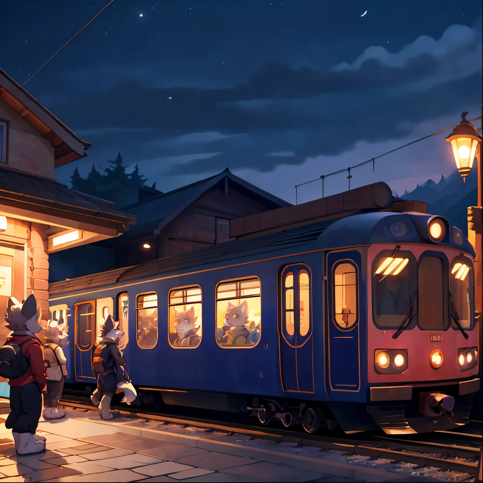 top quality, best quality, High-quality illustrations, masterpiece, super high resolution, detailed background, station, train, station shop, student, evening, 6+boys, 6+girls, absurdres(highly detailed beautiful face and eyes)perfect ???????, expression, good lighting, cinematic shadow(kemono, furry anthro)assorted poses, dynamic angle,