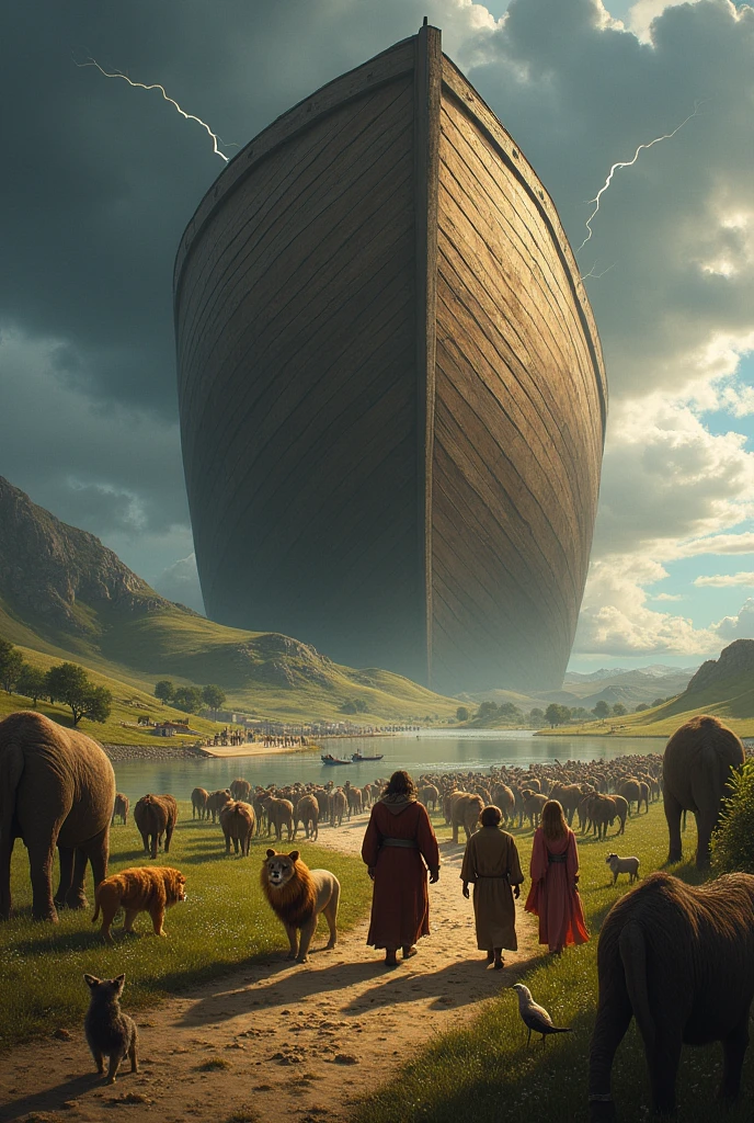 I want a beautiful image of Noah's ark and his family stepping into the ark and clear animals.