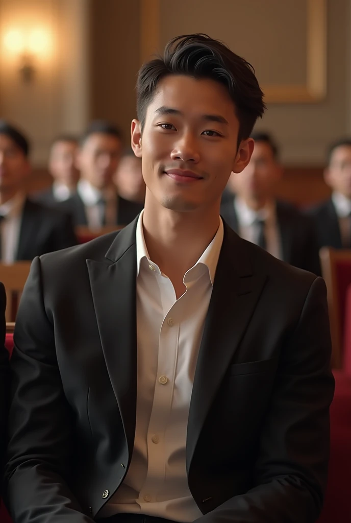 A young man with dark short hair and a confident smile. He is dressed in a black blazer over a white shirt. In  sit wedding ceremony 