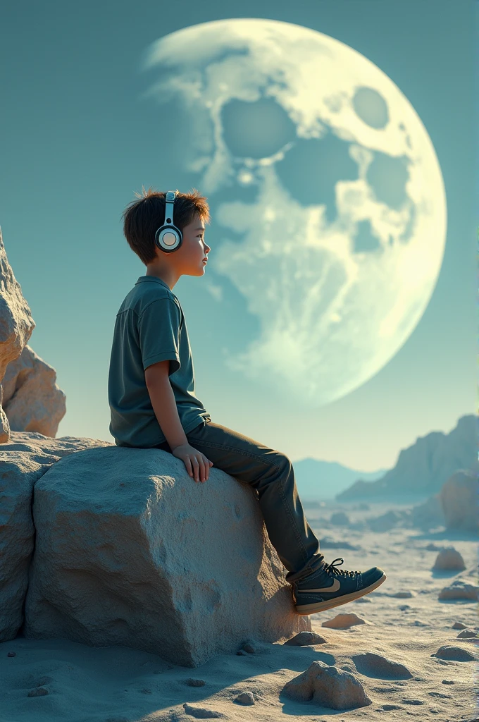 A boy on moon and he seat in a stone. He listening music in headphone
