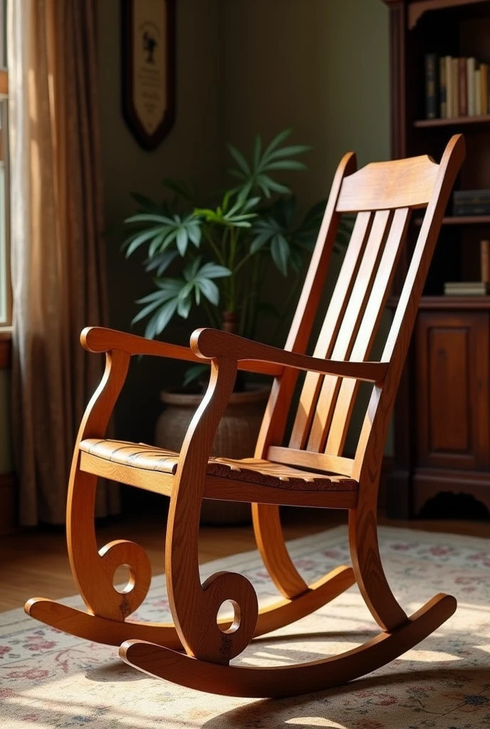 Rocking chair with shaker and art nouveau styles, with feet shaped like dragonfly wings