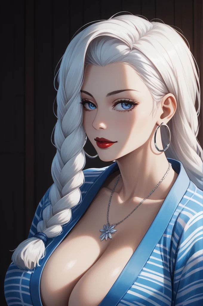 score_9, score_8_up, score_7_up, score_6_up, score_5_up, score_4_up, mei mei , blue eyes, white hair braid, large breasts, necklace,big oversized hoops earrings ,red lipstick , detailed eyes , big saggy breasts , yukata, cleavage