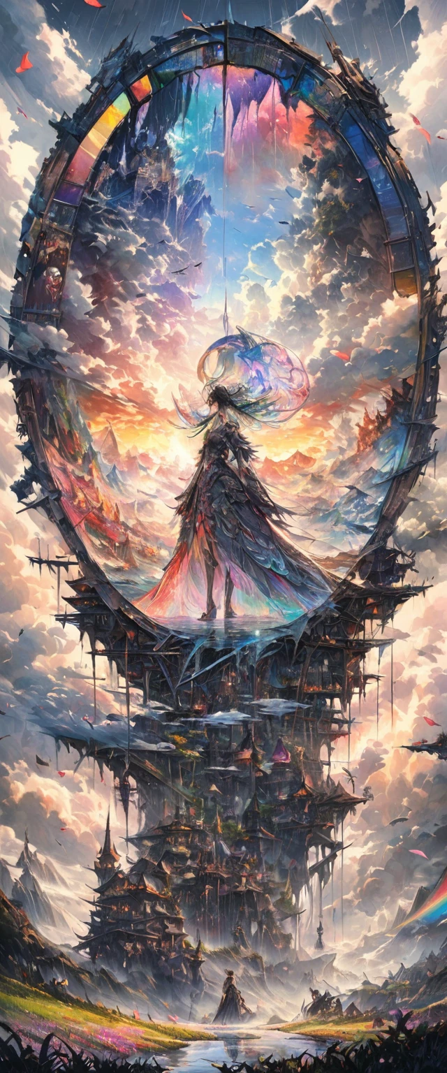 feather,wing,Fusion of oil painting and watercolor, The fusion of paper-cutting and shadow puppetry, Monochromatic artwork everywhere, best quality, Ultra-fine, 16K, Extremely ridiculous, Very detailed, Delicate and dynamic, Mysterious huge art structure made of chrome frame and glass, After the rain, The sun shines in through the gaps in the clouds, Glass reflects rainbow colors and displays timer analyzer, Many iridescent petals falling, The grass is shrouded in fog, Create fantastic image effects