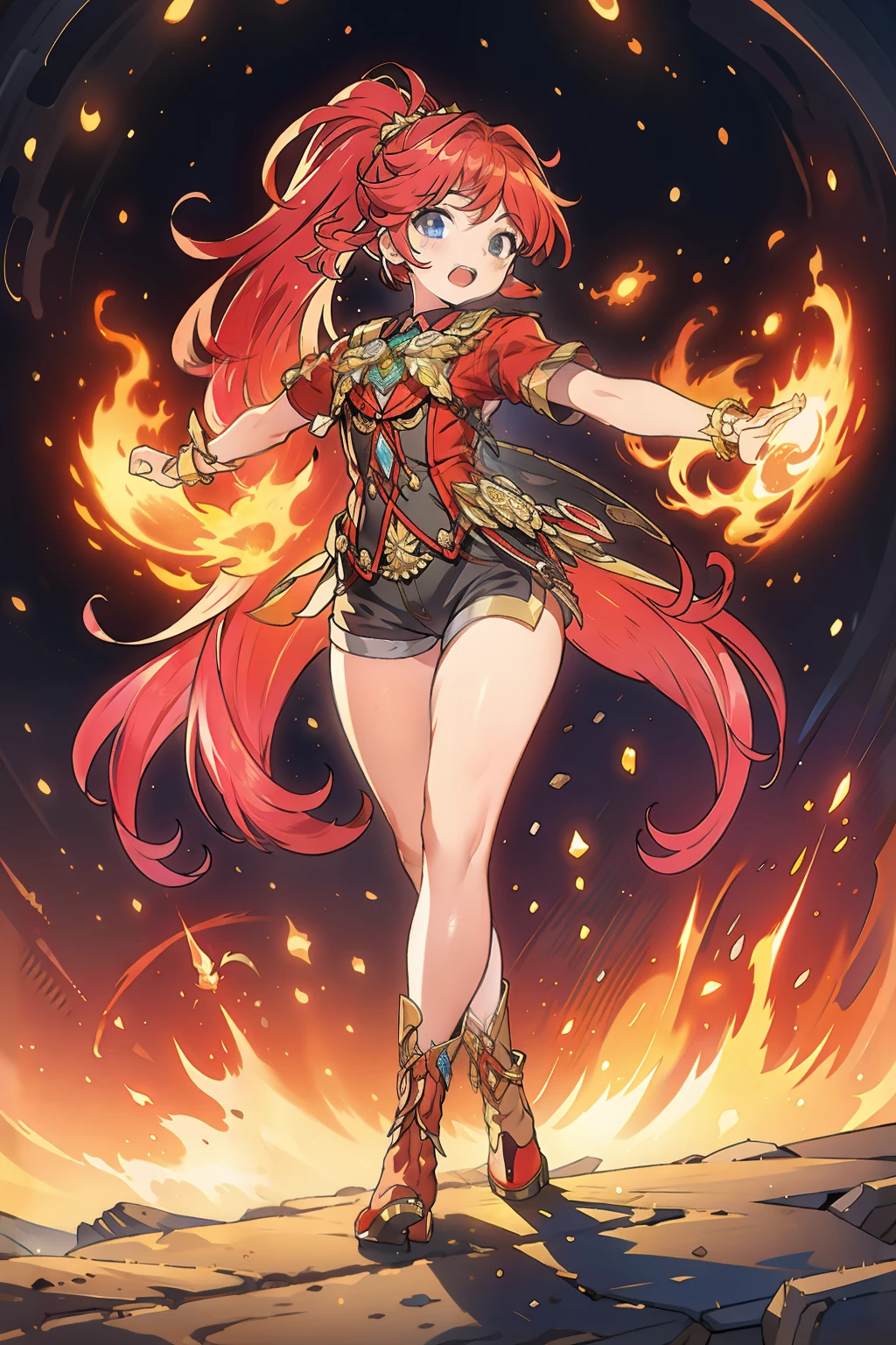 (extremely detailed CG unity 4k wallpaper),(masterpiece),(best quality),(ultra-detailed),(best illustration),(best shadow),(absurdres),(detailed background), Red long hair (Ponytail), green eyes, Daisy dukes, Smiling, Boots, Farm, standing, stand up, relaxed arms, full body overview, fullbody shot, flame dancer, gorgeous and dangerous dancer