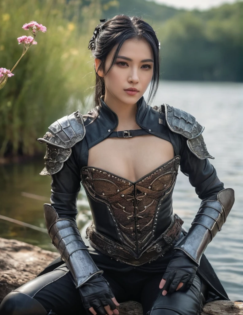 (medium shot, zoomed in upper body:1.3) (wuxia fantasy style:1.5) photo of a, (perfect teeth:1.3) horny strong 5 european woman with short straight angled black hair with grey parts, brown eyes, (tiny breasts:1.3), toned ass, (perfect hands:1.3). She is wearing (leather armor, pants and boots:1.1). She is sitting facing diagonal to camera, in a (gothic fantasy:1.3) lake with flowers and small mushrooms, evening, bright. detailed skin texture, detailed cloth texture, detailed face, (intricate sharp details:1.5), ultra high res