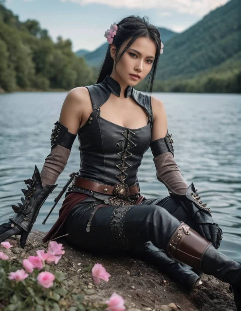 (medium shot, zoomed in upper body:1.3) (wuxia fantasy style:1.5) photo of a, (perfect teeth:1.3) horny strong 5 european woman with short straight angled black hair with grey parts, brown eyes, (tiny breasts:1.3), toned ass, (perfect hands:1.3). She is wearing (leather armor, pants and boots:1.1). She is sitting facing diagonal to camera, in a (gothic fantasy:1.3) lake with flowers and small mushrooms, evening, bright. detailed skin texture, detailed cloth texture, detailed face, (intricate sharp details:1.5), ultra high res