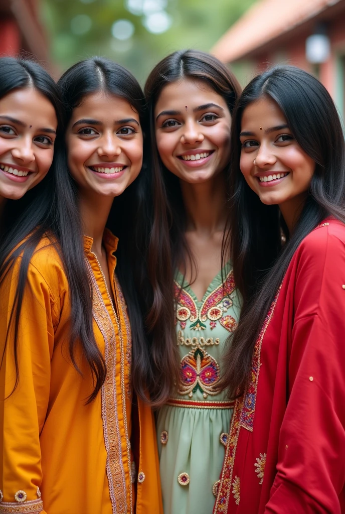 Four girl friends fair skin straight hair indian clothes with jaas writteen on top aesthetically and visibly