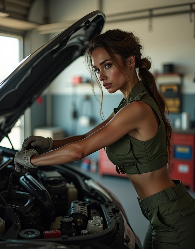 (Photorealism:1.2), beautiful woman, Sexy female soldier repairing car in garage