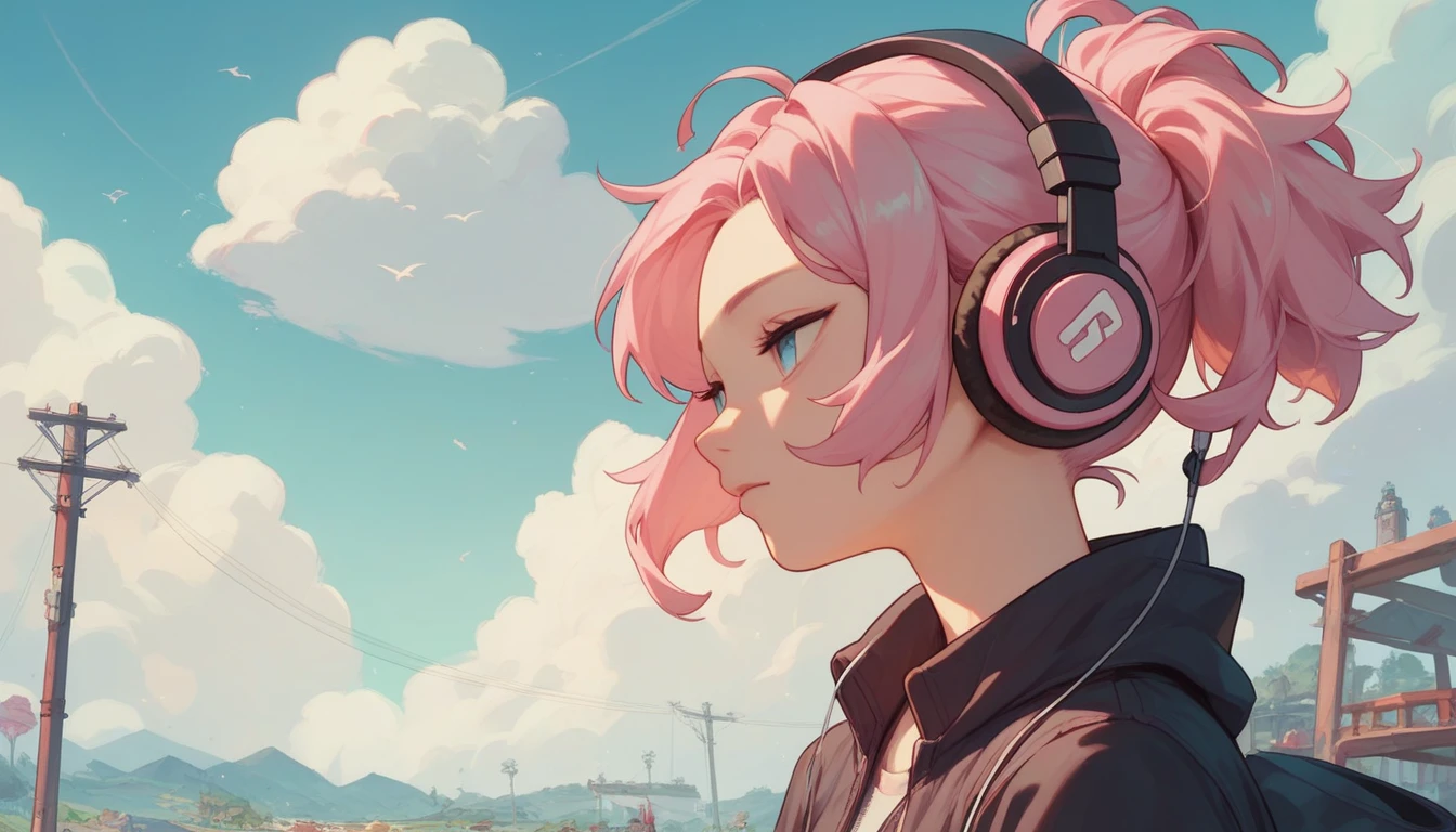art girl with slanted eyes and pink hair and headphones, アニメ, pink and blue scenery