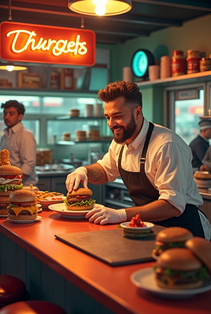 Max prepares burgers with enthusiasm. Customers start coming in, enjoying their burgers, and giving Max positive feedback. The shop is busy and filled with happy chatter.
