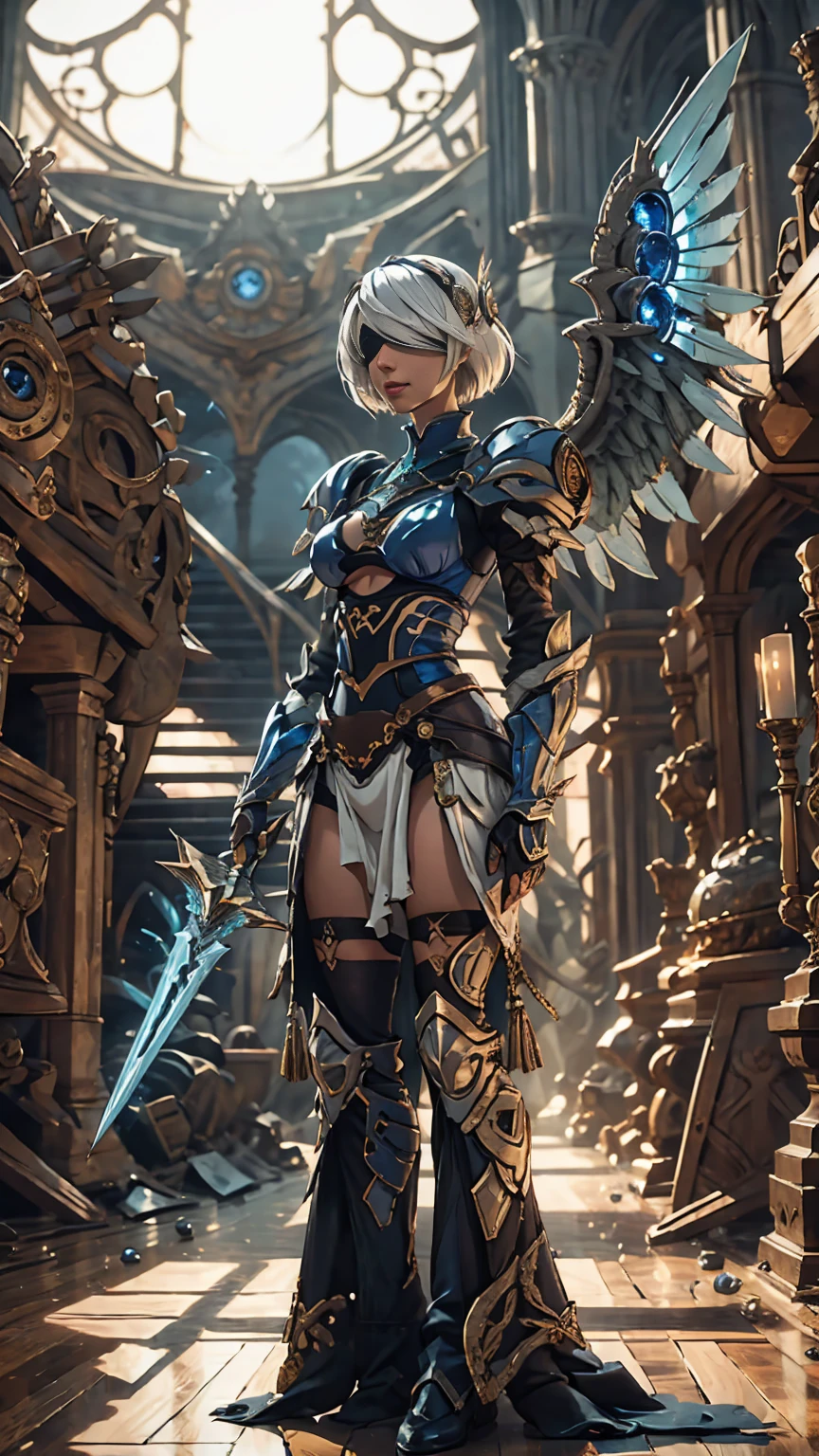 Make a 'kitbash' of Lenneth from 'Valkyrie profile' and 2B from 'Nier: Automata', combine 2B and Lenneth, solo, 1girl, BREAK: ((bright sapphire blue mech4rmor)), (boob window:1.37), thigh cutout, long skirt, (blindfold:1.27), wings, BREAK: standing contrapposto, (holding glowing sword), light smile, BREAK: plains, castle, BREAK: (better hands, best hands,) (insanely detailed, masterpiece, best quality), 