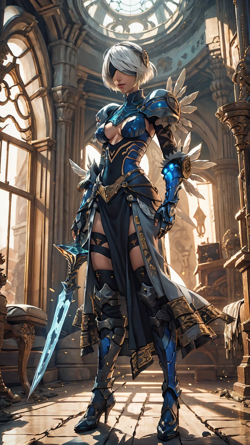 Make a 'kitbash' of Lenneth from 'Valkyrie profile' and 2B from 'Nier: Automata', combine 2B and Lenneth, solo, 1girl, BREAK: ((bright sapphire blue mech4rmor)), (boob window:1.37), thigh cutout, long skirt, (blindfold:1.27), wings, BREAK: standing contrapposto, (holding glowing sword), light smile, BREAK: plains, castle, BREAK: (better hands, best hands,) (insanely detailed, masterpiece, best quality), 