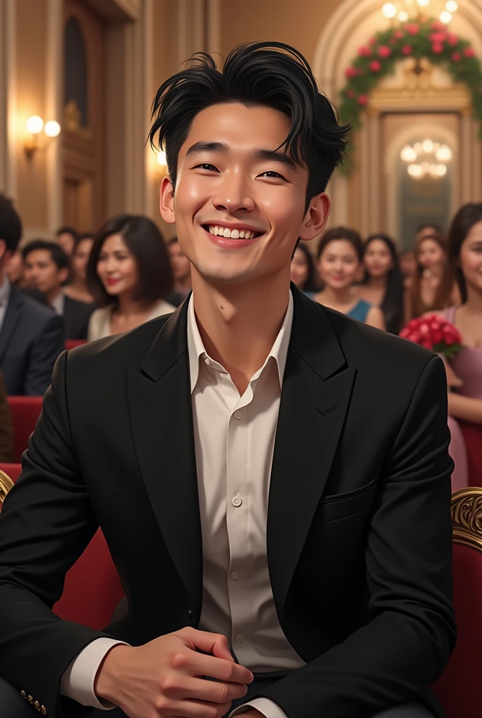 A young man with dark short hair and a confident smile. He is dressed in a black blazer over a white shirt. sit in wedding ceremony