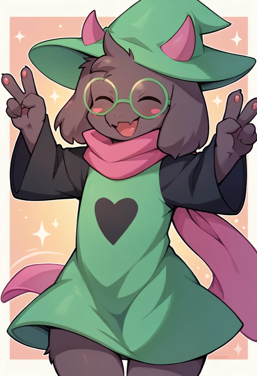  (score_9, score_8_up),furry, fur, face, Ralsei(deltarune), goat, dark fur, pink horns but they're green because the hat is covering, black sleeves, cute, green glasses, hat, green shirt, standing, arms up with his hands doing the peace sign,pink scarf,closed eyes, happy, smug face,  wide hips, rear view, {{Artist: %zankuro%}},  1furry, solo, blushing, male, snout bitting the scarf's top, stickers