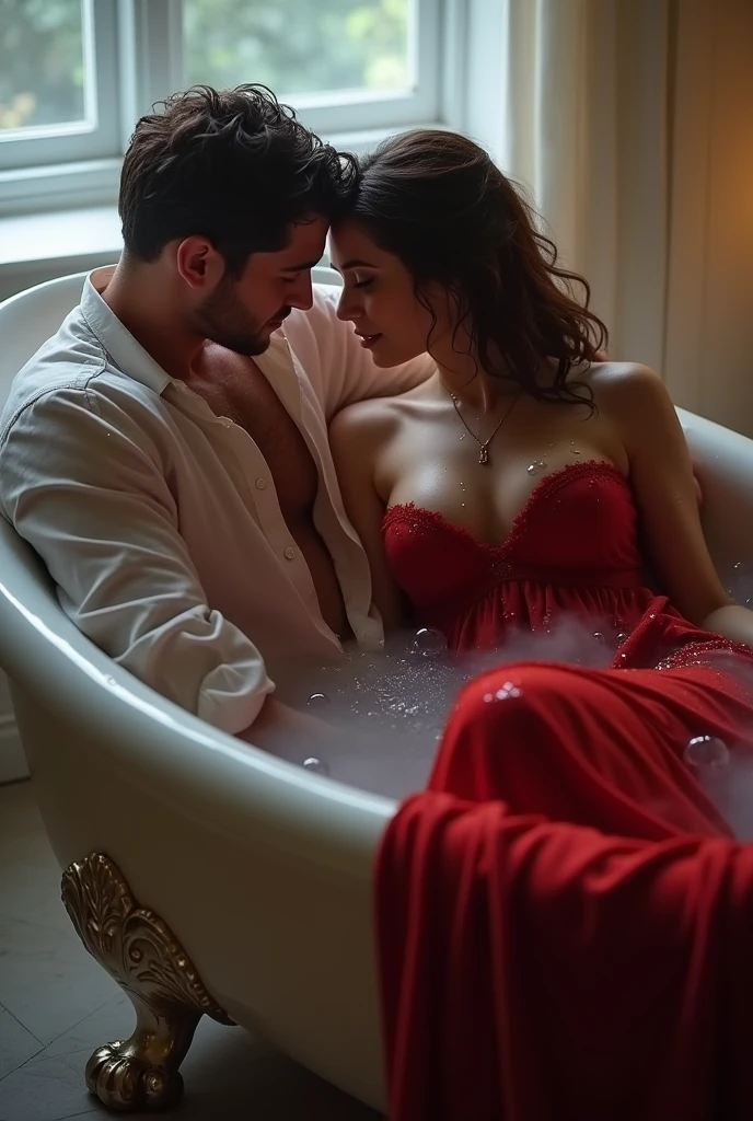 Romantic bathtub scene, A handsome man in damp white shirt, a sexy woman in damp red gown in water, lying in a bathtub.