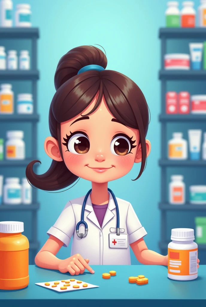 Make a poster about a girl cartoon wise and intelligent consumer buying medicine and not a fake one