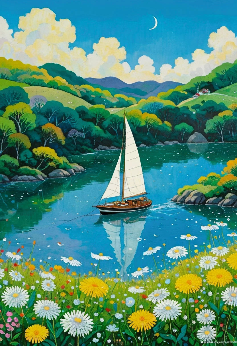 There is a painting of flowers,Inspired by Haruki Murakami, Hayao Miyazaki, Inspired by Yoshio Markino, author:sailing on fast water, happywide memorable, Inspired by the bourgeoisie, Dandelion