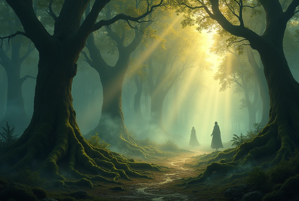 game novel background with a smokey magistic forest space more on right side