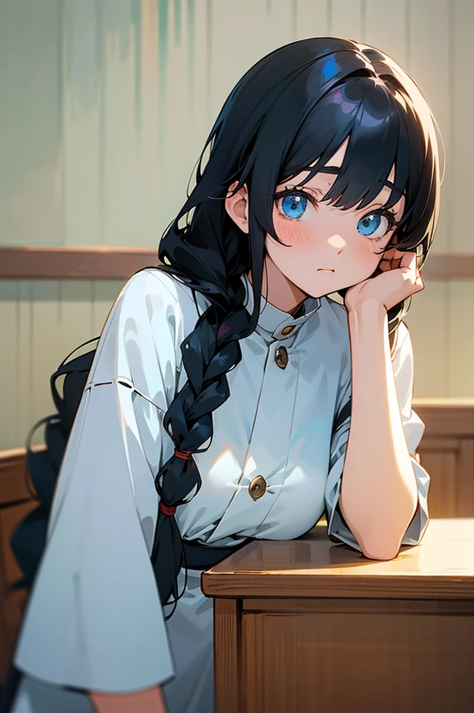 hd, Anime girl, clean and meticulous anime art, black hair, braided hair, beautiful anime art style, cute anime girl portrait, light blue eyes, lovely art style, Soft anime illustration, shy, waitress, thin waist, long hair, upper body, leaning forward, café, interior
