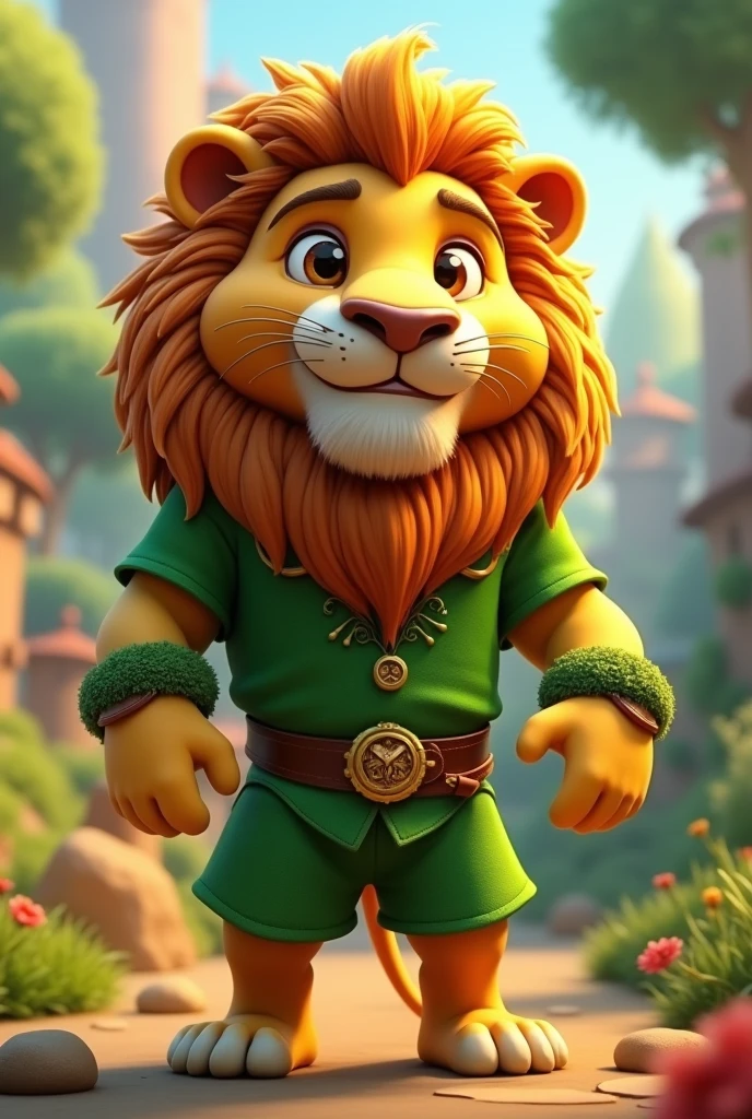 Animated lion dressed in green