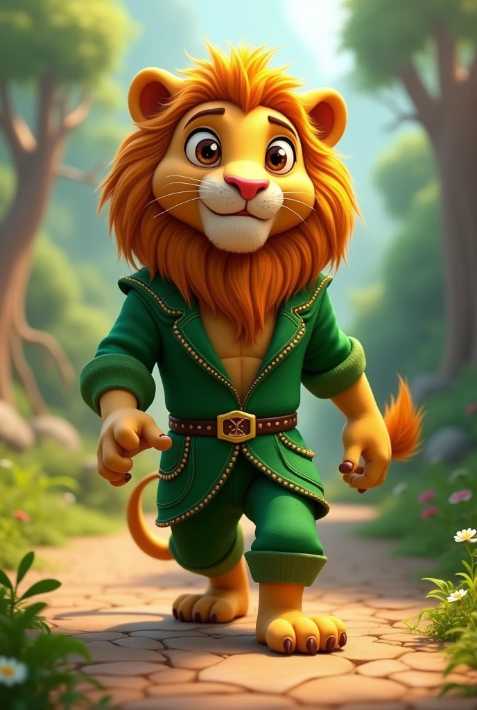 Animated lion dressed in green
